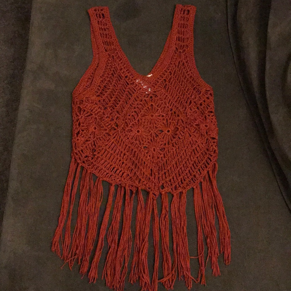 Laced knit top with fringe